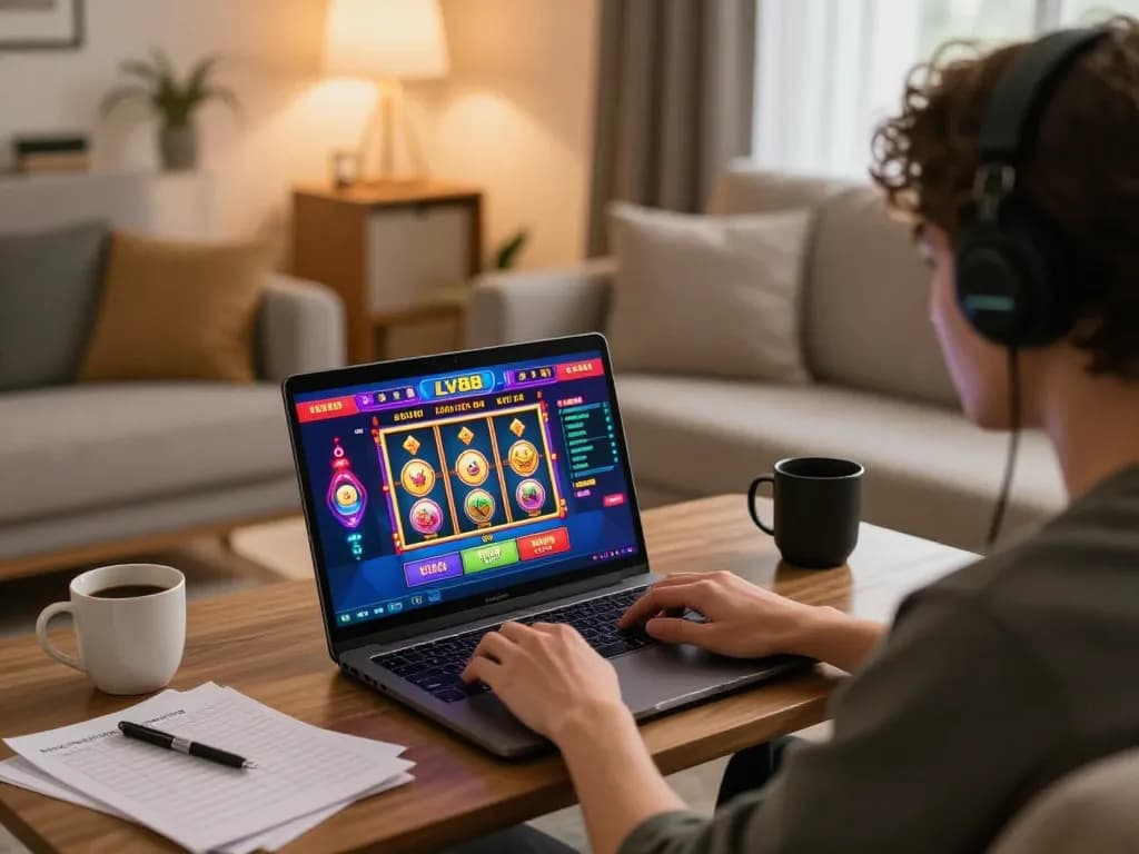 Player enjoying LV88 online casino games in a cozy home setting, laptop screen showing vibrant action.