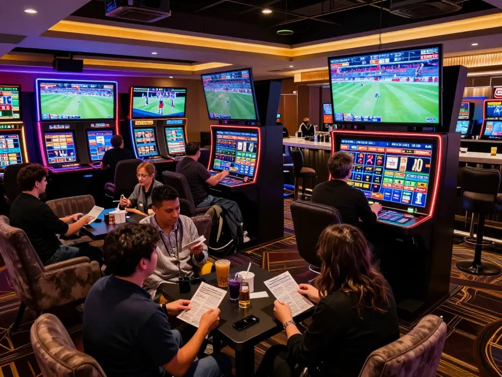 7M bettors placing wagers in a vibrant sports betting lounge, captivating atmosphere with screens showing live events
