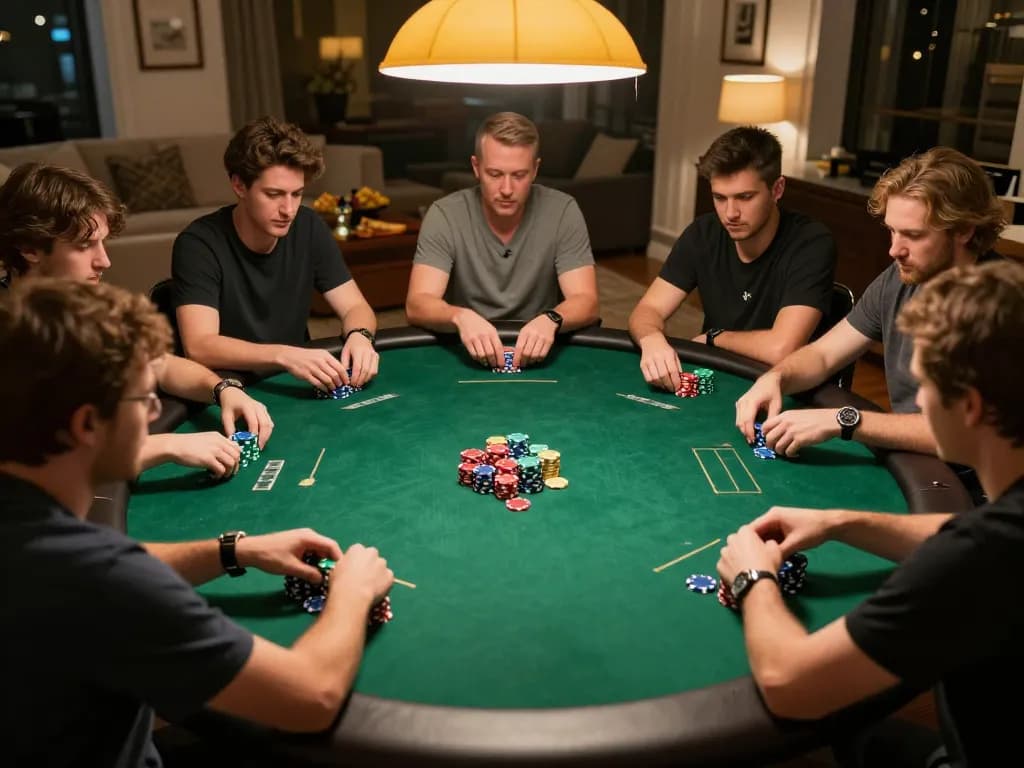 PUB88 poker players analyze hands and bet chips during a lively home game tournament