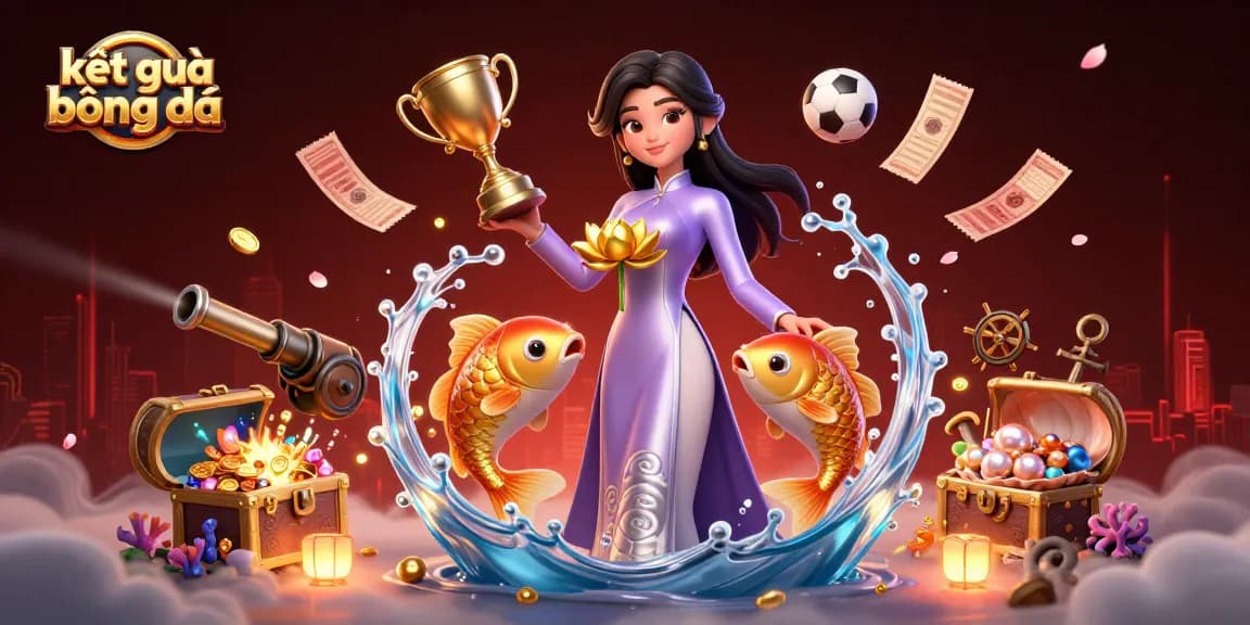 Engaging illustration depicting kết quả bóng đá with Asian woman, koi fish, and sports betting elements in a lively underwater setting.