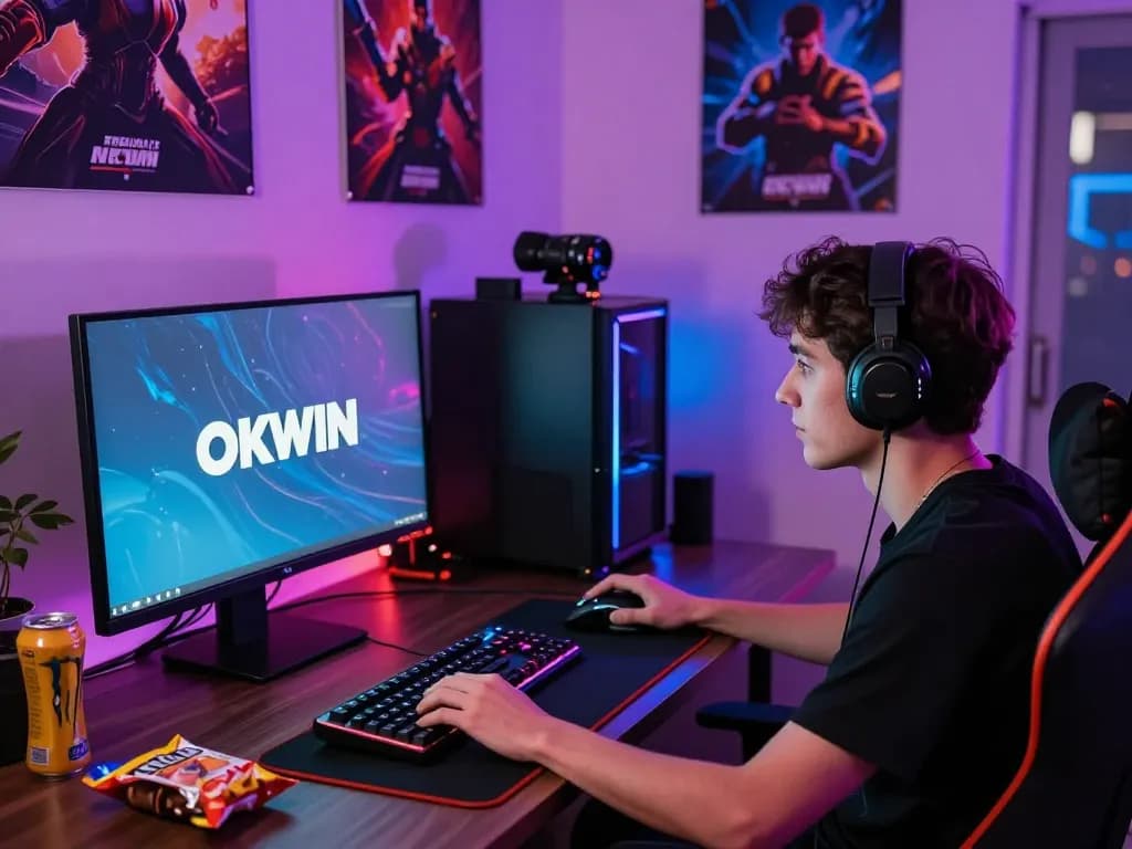 Immersive gaming setup at https://okwin68.net/ showcasing dynamic online gambling experience with vibrant LED lights and gaming peripherals.