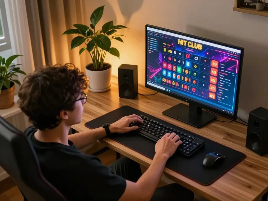 Engaging with HIT CLUB online casino platform during a strategic gaming session at home