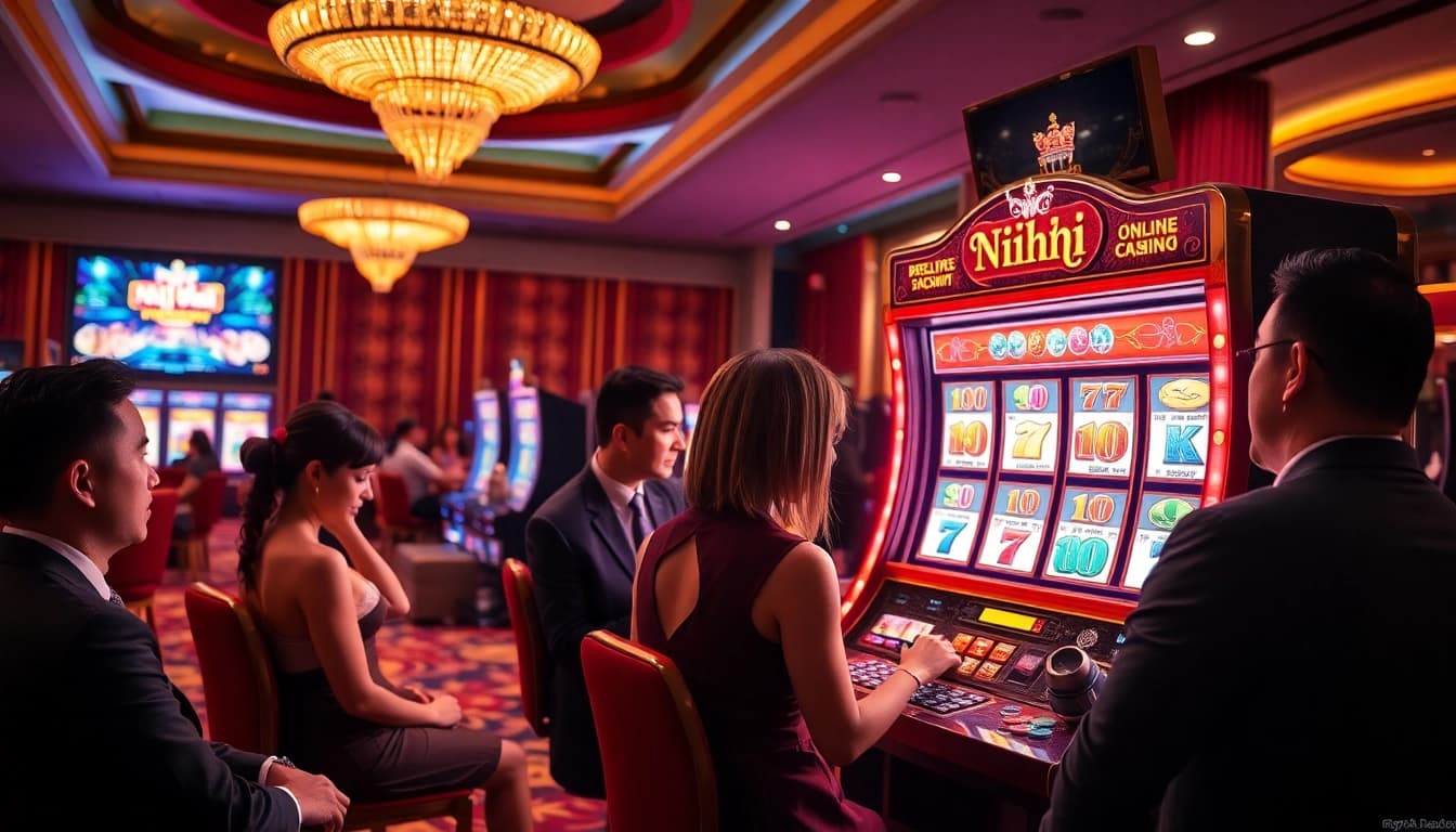 Engaging players at a luxury casino slot machine nổ hũ with vibrant lights and colorful chips.