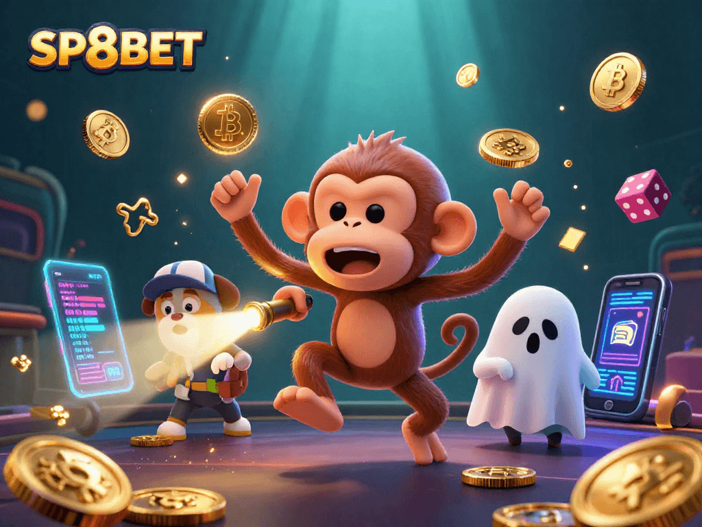 Engage with SP8BET's vibrant casino experience through a playful illustration of a mischievous monkey and ghost-hunter puppy.