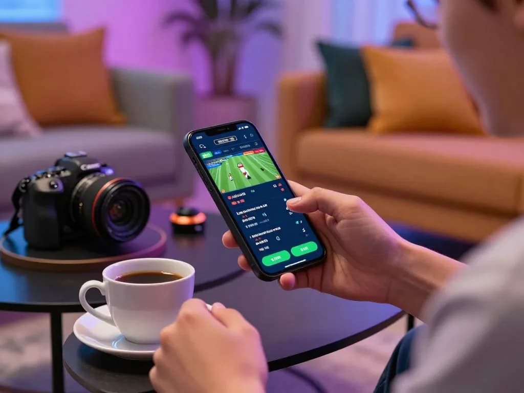 Gamer using keo nha cai 5 app on smartphone, strategizing sports bets in a cozy setting.