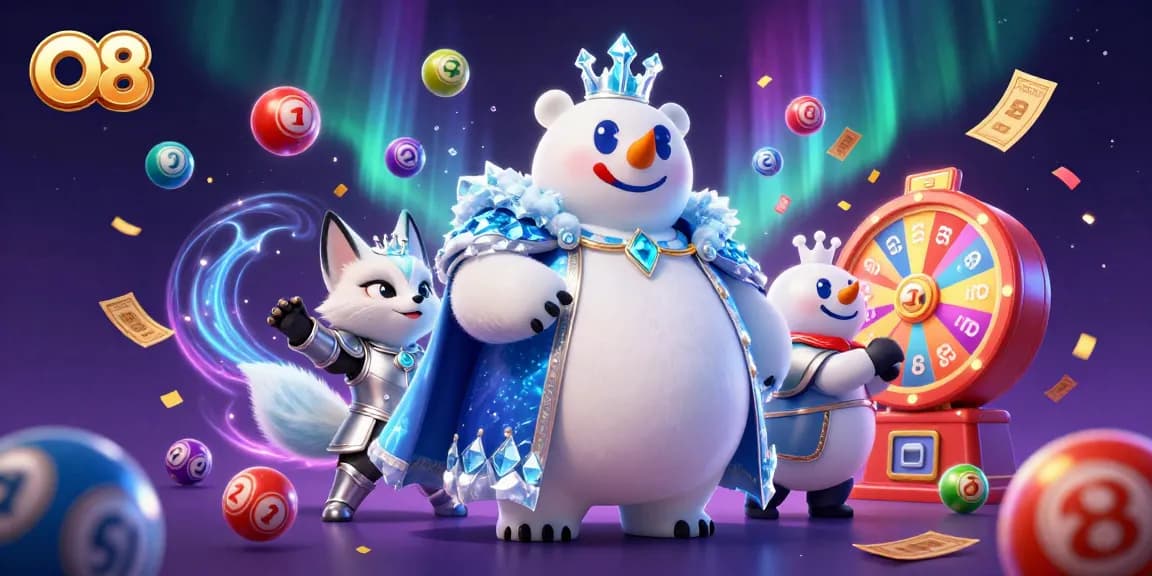 Win exciting prizes at O8, featuring colorful lottery elements and dynamic casino-themed characters.
