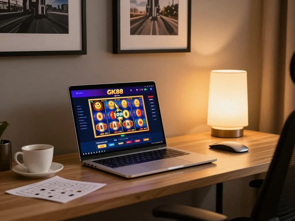 Engaging gameplay on GK88 co online casino displayed on a laptop with vibrant slot reels.