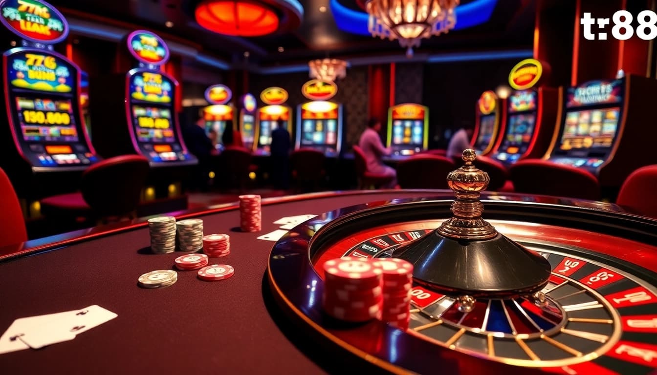 Tg88 players enjoying a vibrant casino atmosphere with poker chips, cards, and roulette wheel.