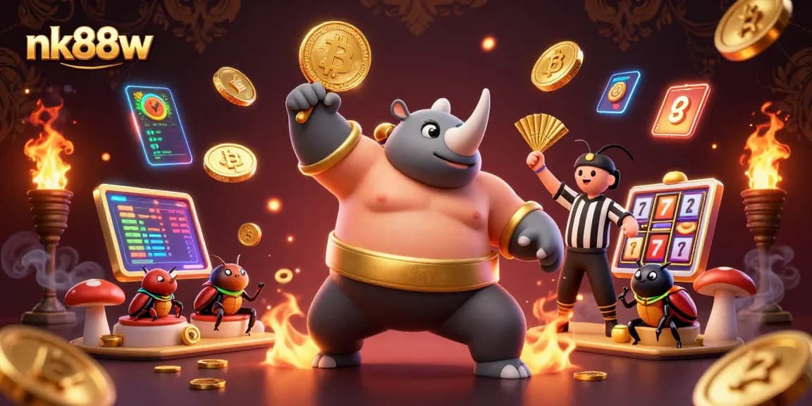 Experience the thrilling world of nk88w, showcasing a vibrant sumo match with glowing coins and crypto symbols amidst a carnival atmosphere.