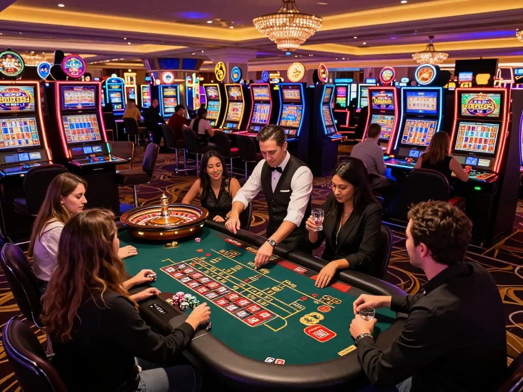 Friends placing bets at a roulette table in a lively Las Vegas casino, capturing the thrill of 99ok gambling.