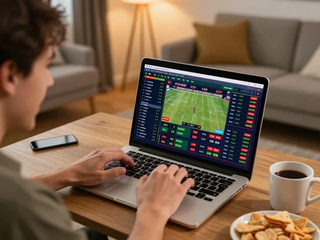 Engaged bettor at home using ww88aw for live sports betting on a laptop with enthusiastic gestures.