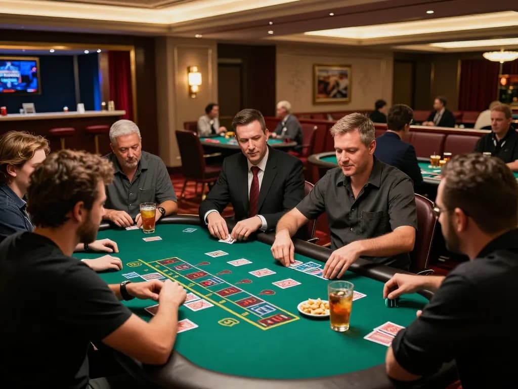 go8 players engaged at an elegant blackjack table, focused on strategy and gameplay in a luxurious casino.