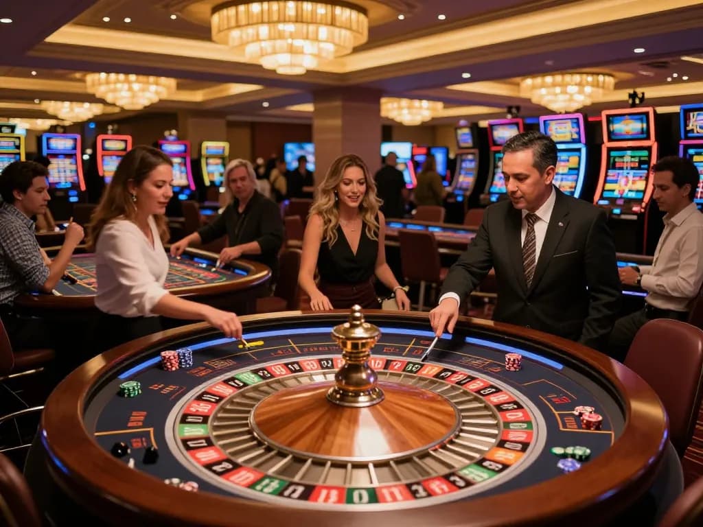 Players eagerly placing bets at 577F's roulette table, capturing the excitement of the gaming experience