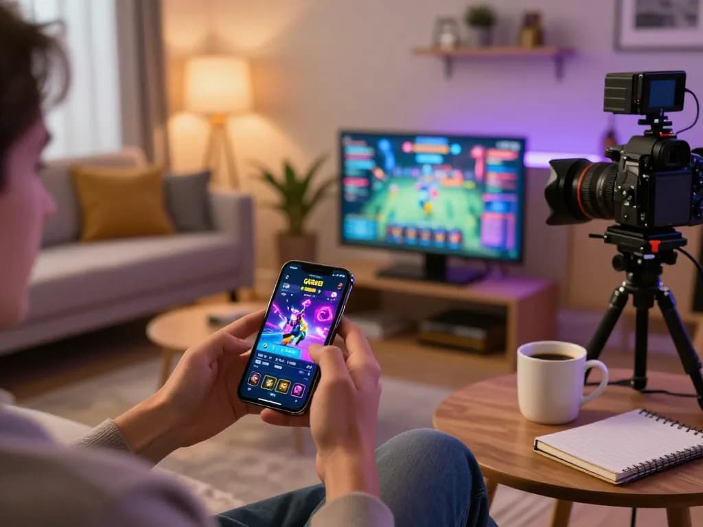 Playing QQ88AE mobile games from a cozy living room setup, showcasing vibrant interface and cozy atmosphere