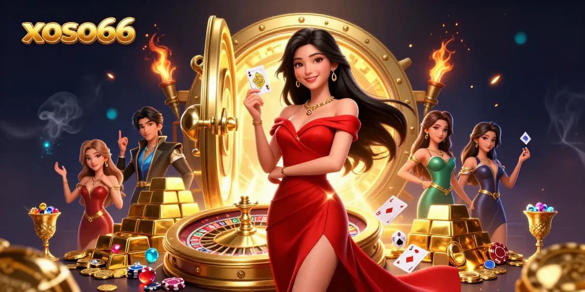 xoso66 casino experience featuring a beautiful Asian woman with golden playing card beside a roulette wheel