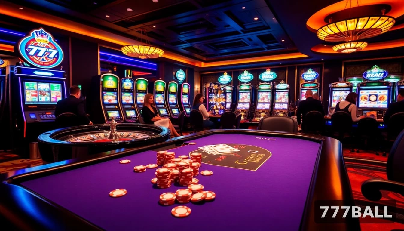 Players enjoying exciting games at 77BALL's luxurious casino, featuring poker chips and a roulette wheel.