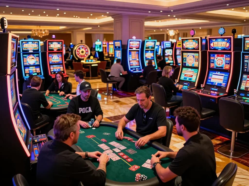 Players engaged at TX88-themed slot machines in a bustling Vegas casino, vibrant lights and excitement