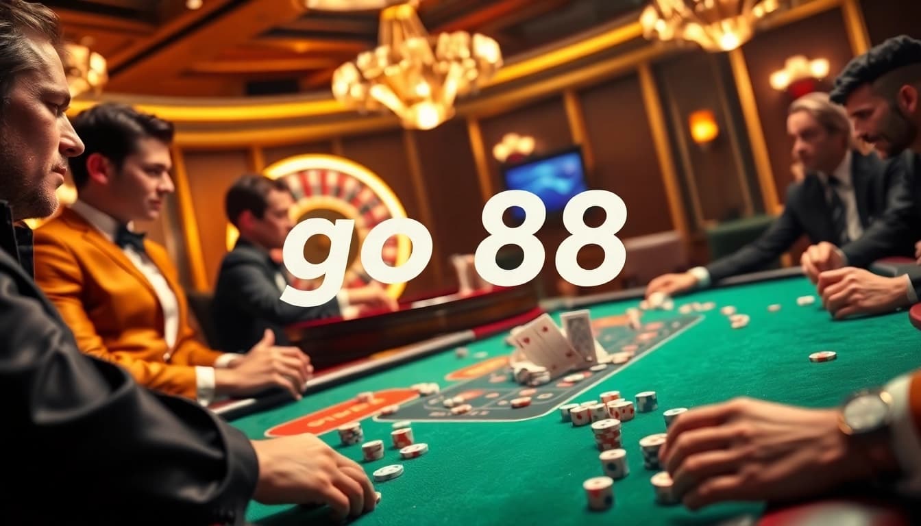 Action-packed gambling scene featuring go 88 strategy with cards, chips, and a roulette wheel.