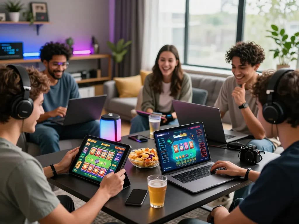 Bomwin gaming platform scene with friends engaged in online card games, highlighting interaction and excitement.