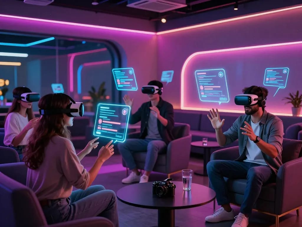 Engaging ai porn chat scene with users and interactive AI avatars in a vibrant virtual lounge