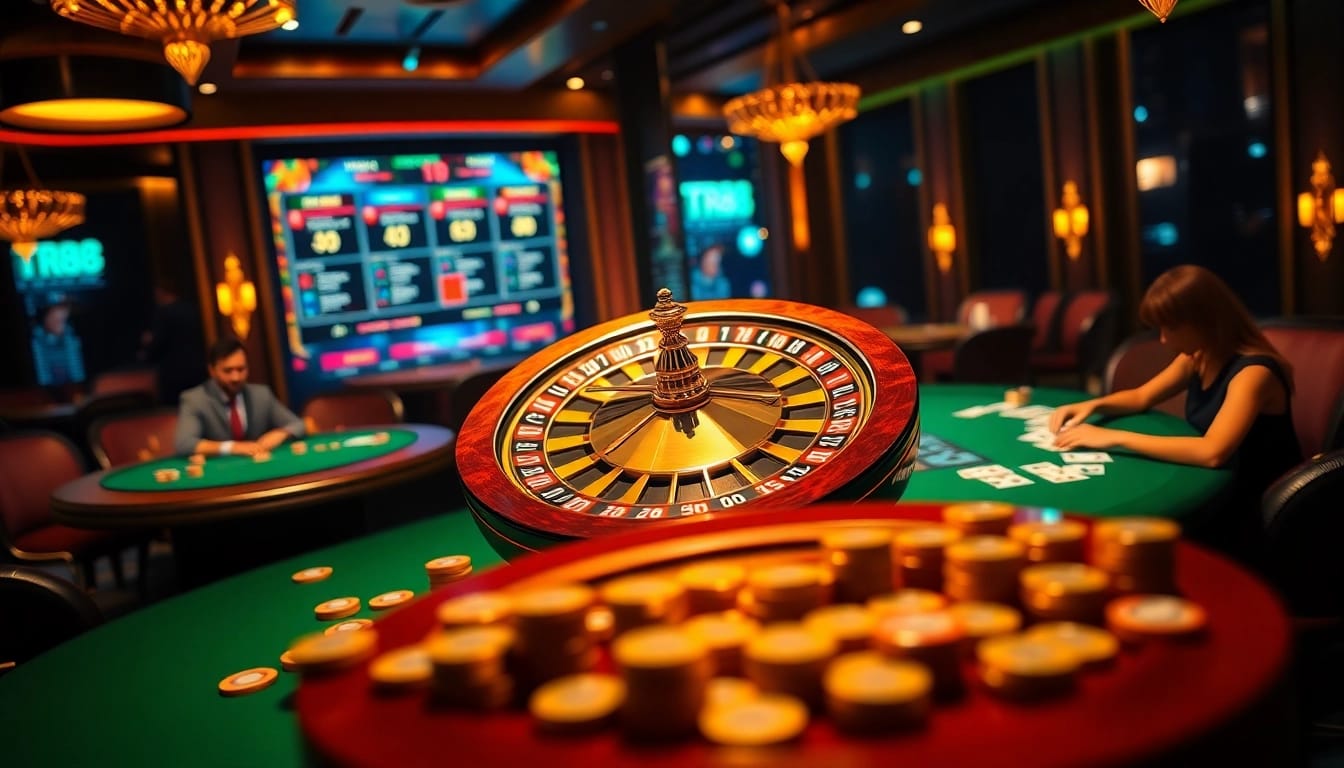 Experience the thrill of TR88 online gambling with vibrant casino scenes featuring roulette and poker tables.