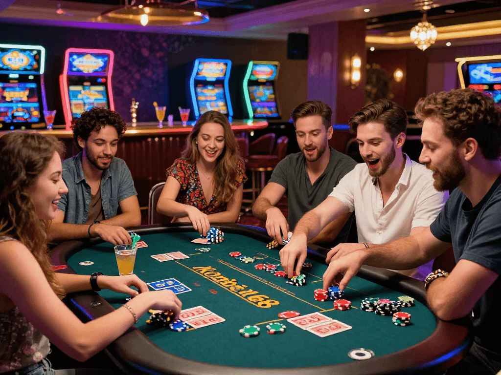 KOMBET168 gaming excitement with friends at a lively casino table, colorful chips, and vibrant atmosphere