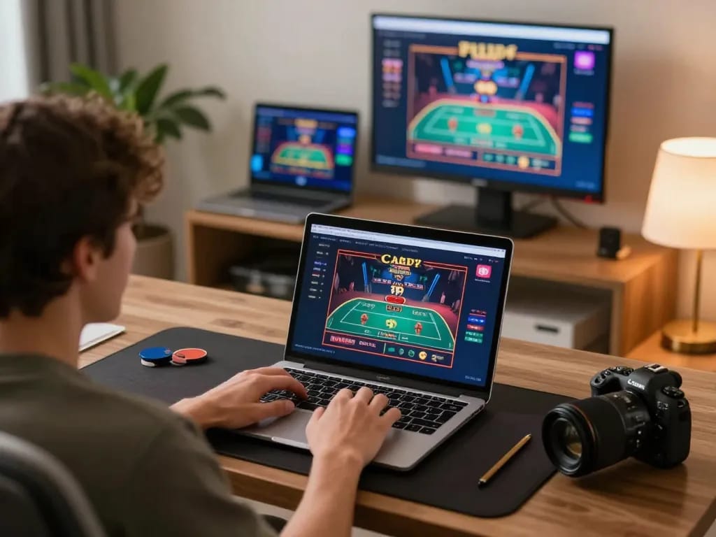 Kuwin user placing bets in an online casino live dealer game from a stylish home setup