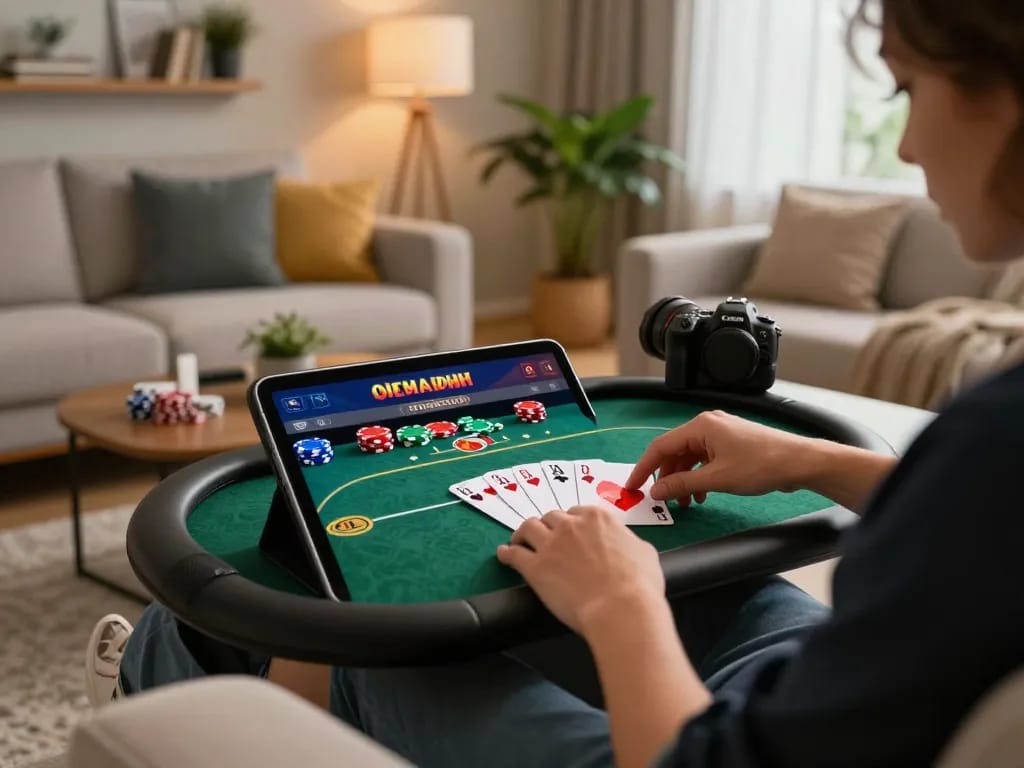 Engaged user playing god55 online poker on a tablet in a cozy home environment, showcasing strategic gameplay
