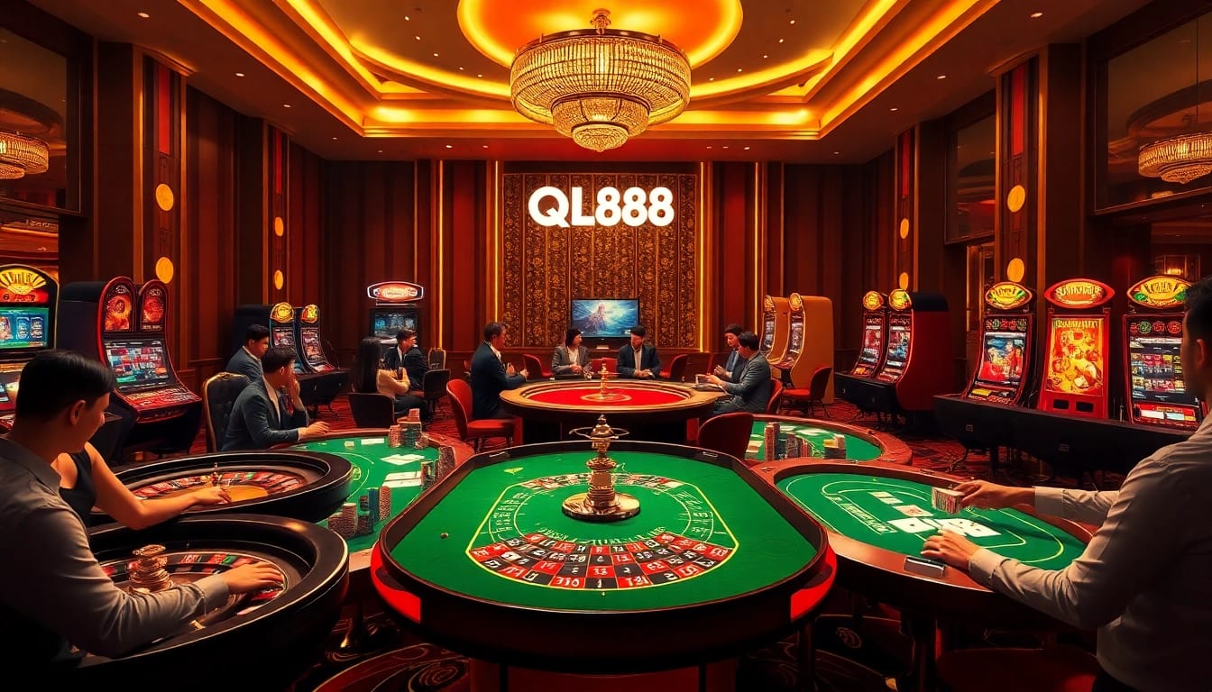 Experience the excitement of QQ88 with professional gamblers at vibrant casino tables and modern slot machines.