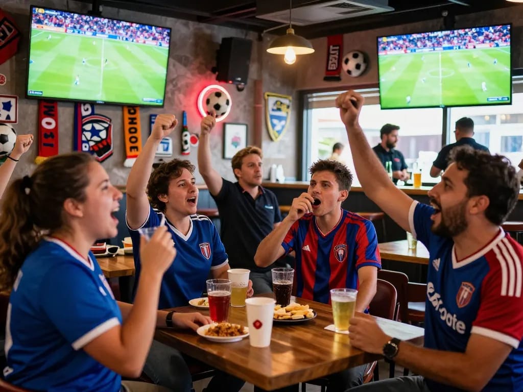 Excited fans at a sports bar enjoying live football matches on 7m.