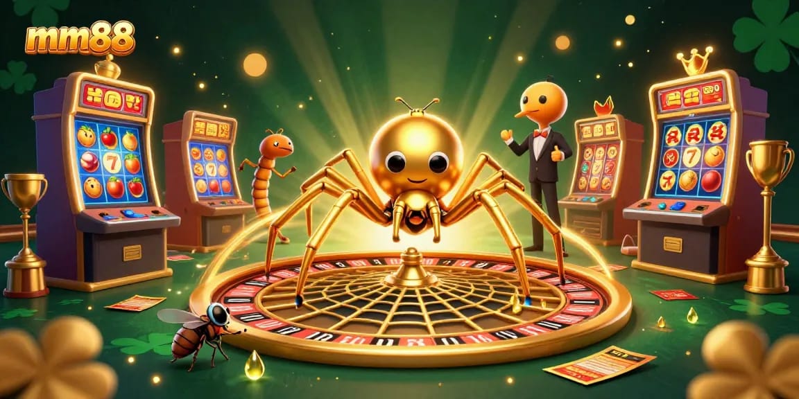 Bet smart at mm88 with a 3D cartoon spider spinning a roulette wheel web surrounded by colorful slot machines.