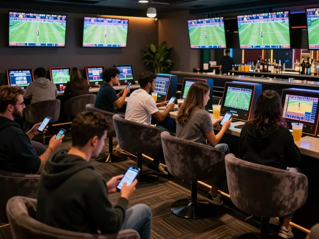 fly88 patrons actively betting on sports in a lively lounge setting, showcasing modern gaming atmosphere