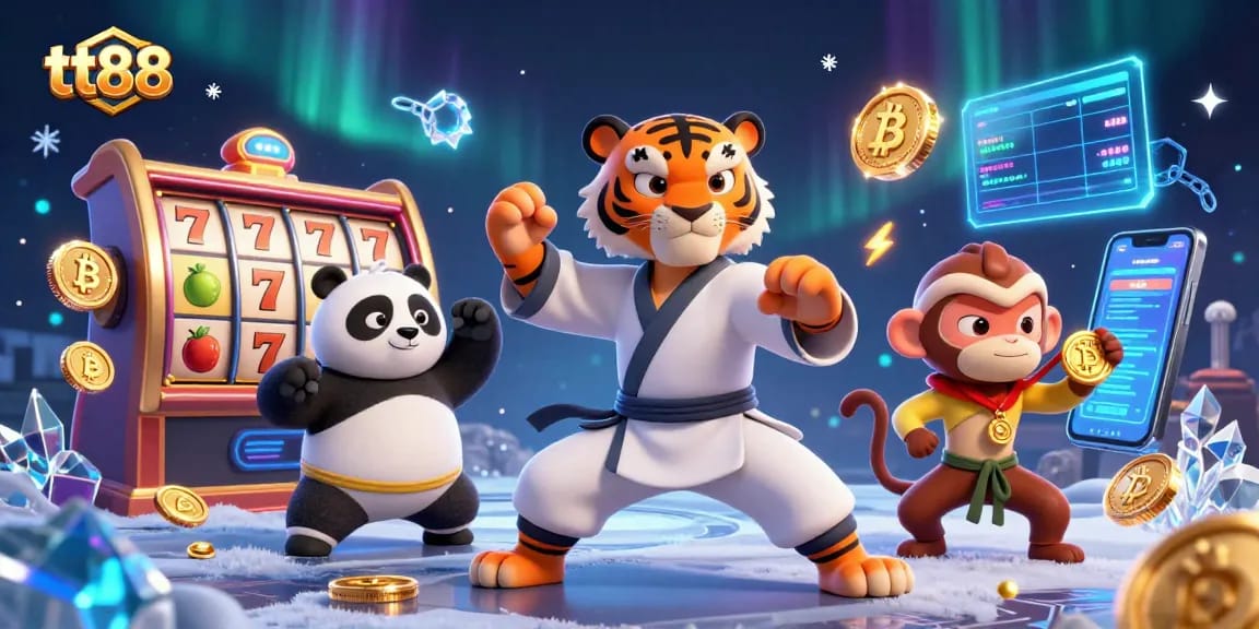 Experience the thrill of tt88 at a casino with kung fu characters, lucky symbols, and glowing coins.