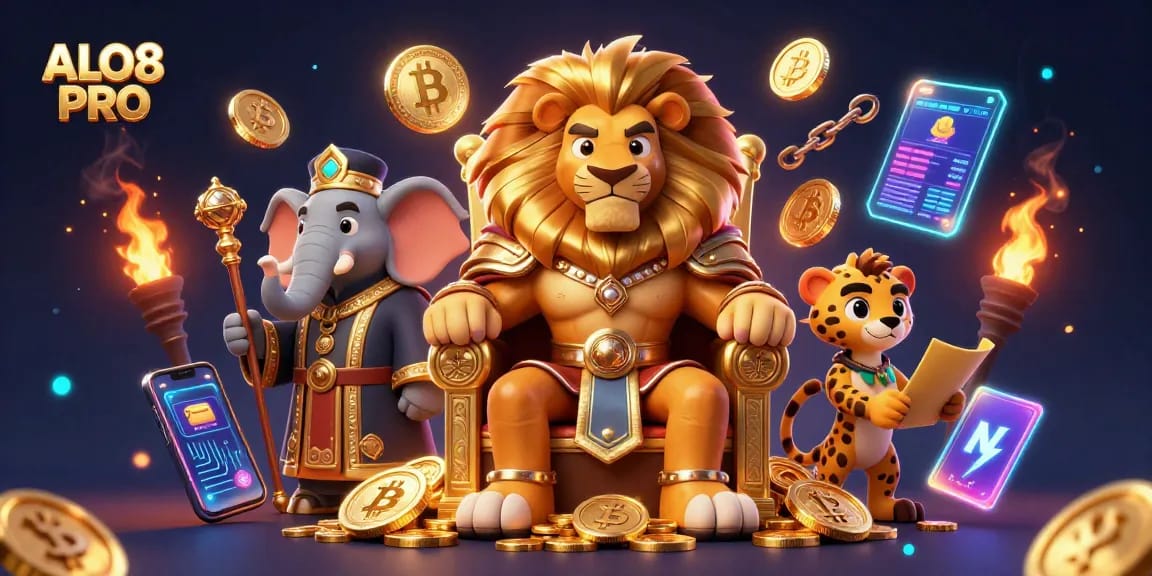 Engage in games with ALO8 PRO featuring a fierce lion king, Bitcoin, and Ethereum elements.