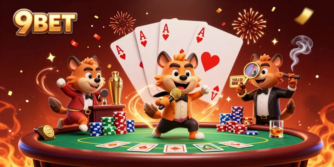 Engage in exciting gambling with vibrant 9BET hyena characters in a lively casino atmosphere.