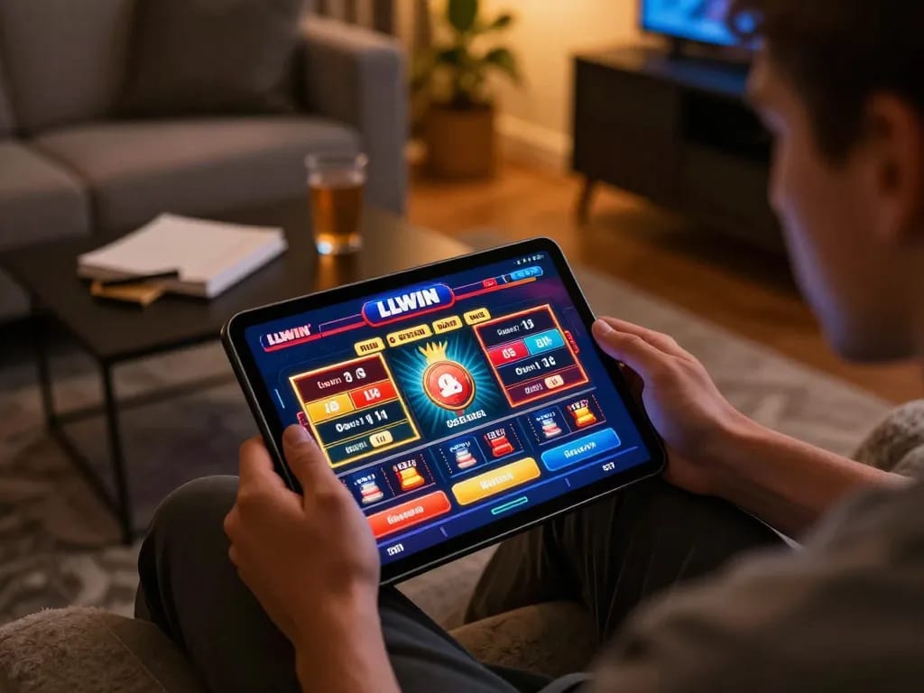 Player enjoying LLWIN online gaming on tablet in cozy home setting with warm lighting.