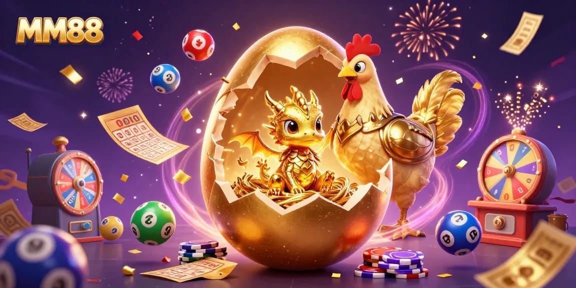 Spin to win with MM88's golden dragon and casino delights in a vibrant 3D illustration.