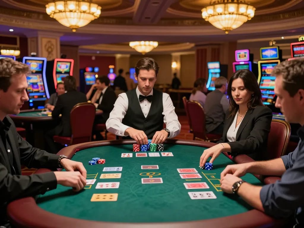 Active gameplay at the tập đoàn ATQ casino with players celebrating wins, depicting vibrant poker table action.