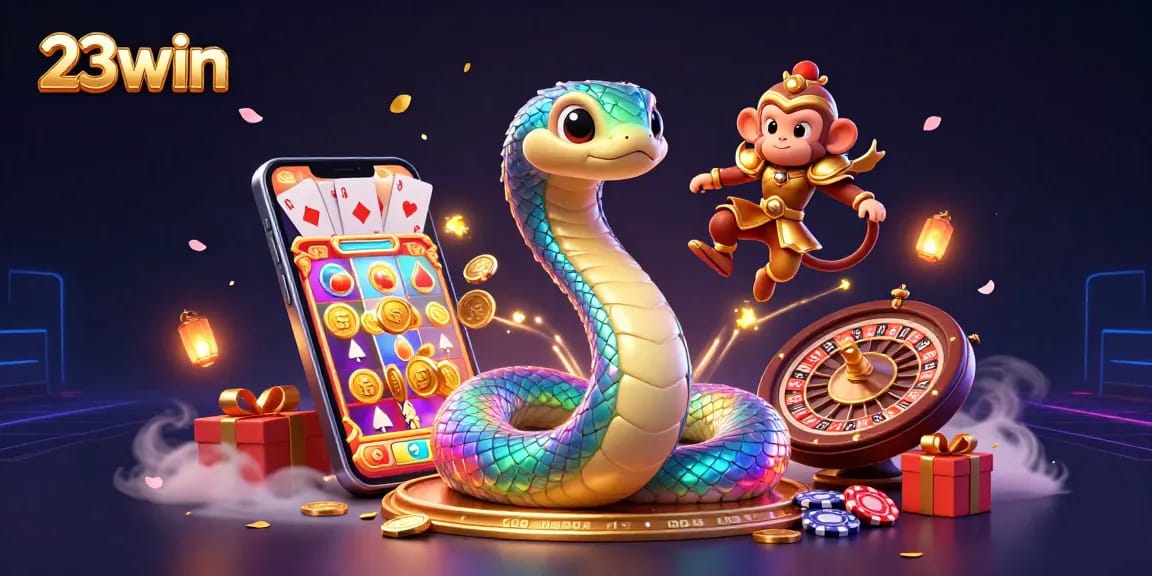 Experience the vibrant gaming world of 23win with dynamic characters and casino elements.