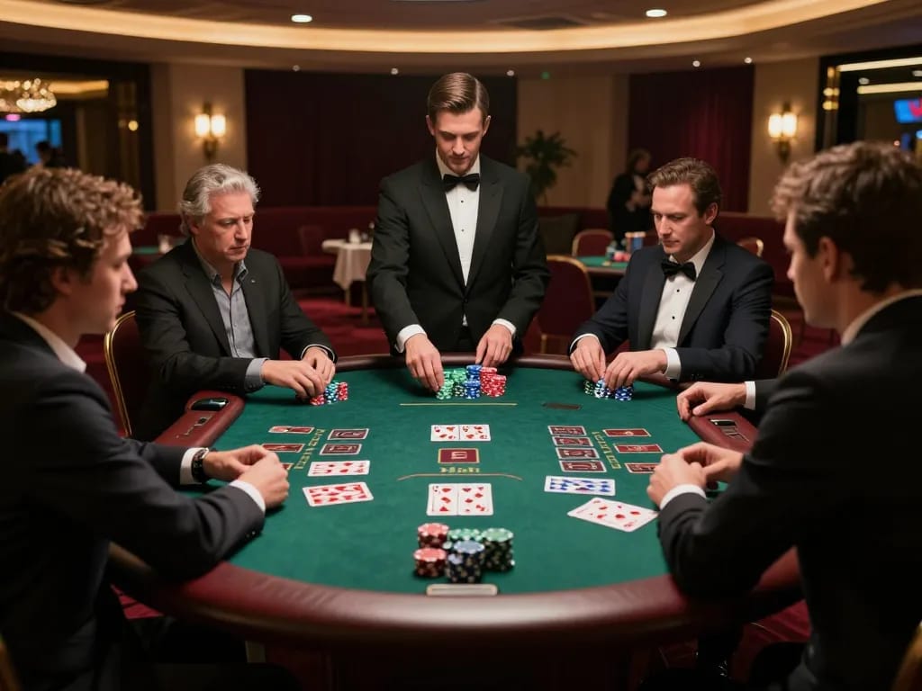 Engaging gameplay at a blackjack table with players focused on their hands in Sunwin's upscale gaming atmosphere
