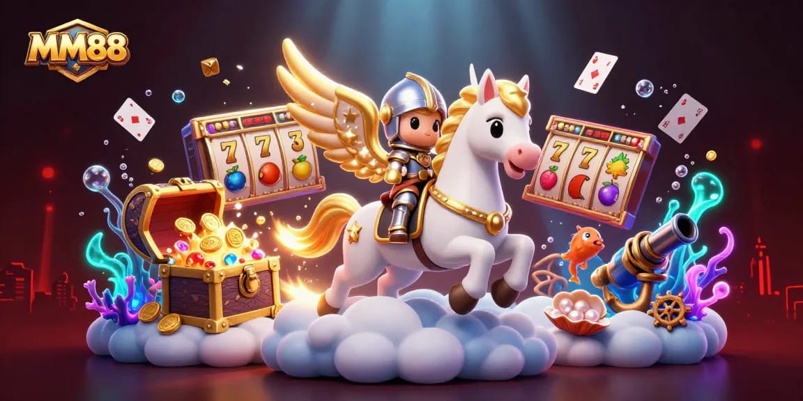 Experience MM88's exciting slots with a celestial scene of a knight on a magical galloping horse surrounded by vibrant game elements.