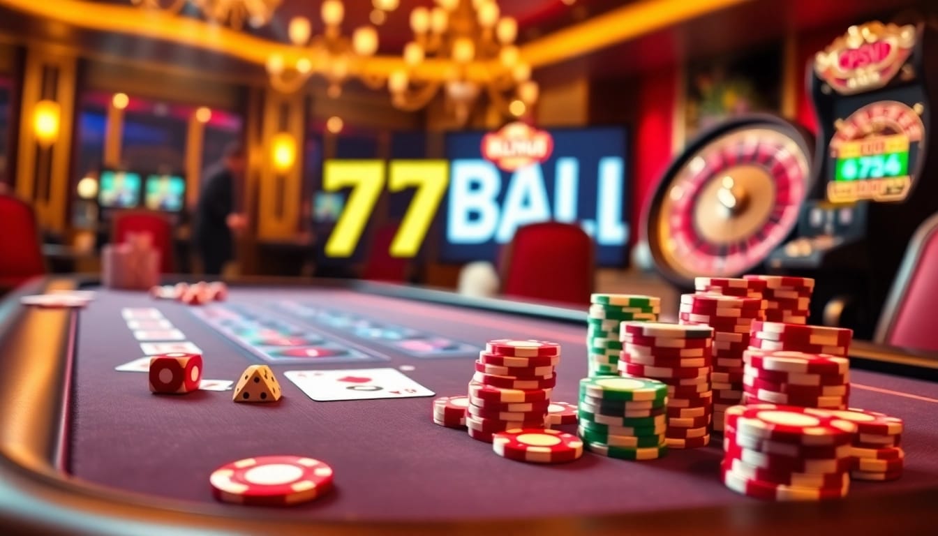 Experience thrilling gameplay at 77BALL with dynamic poker chips and vibrant casino tables.