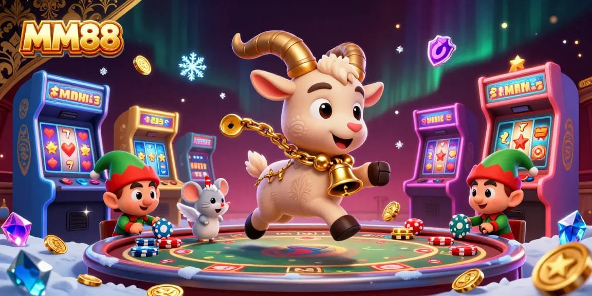 Experience the thrill of MM88 with a lively casino scene featuring vibrant game elements and dynamic characters.