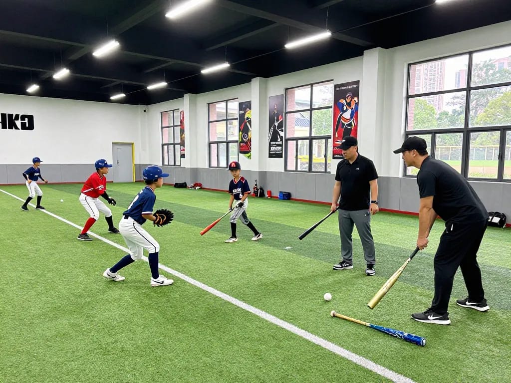 Young athletes training at hitclub baseball facility during practice, showcasing teamwork and skill development.