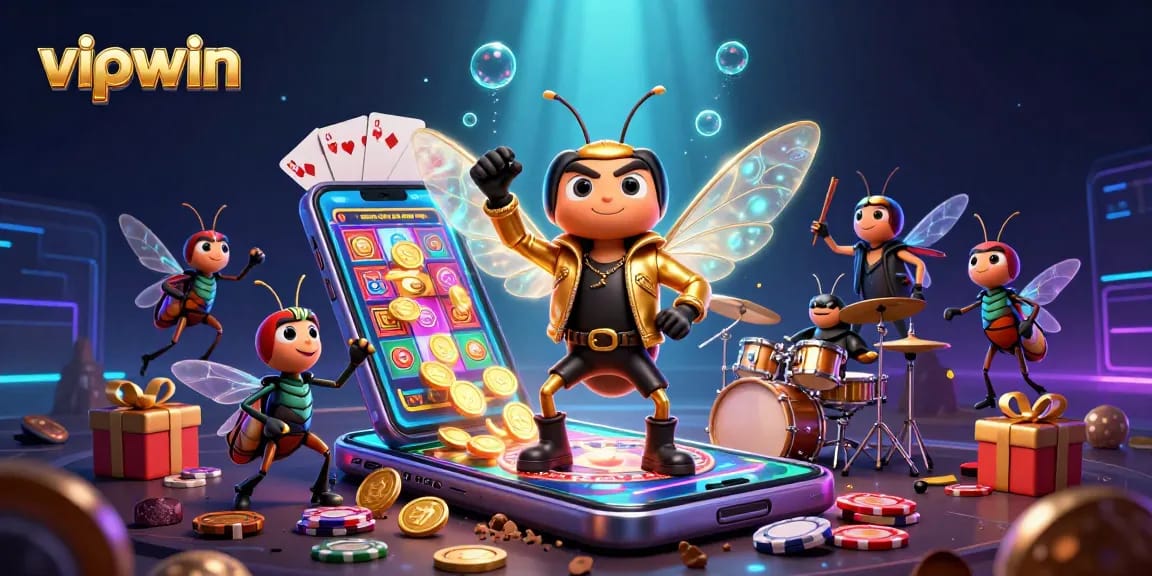 Experience thrilling gaming action with vipwin as a cartoon cicada rock star leads a vibrant casino scene.