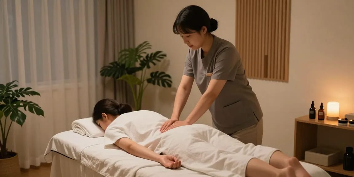 Relaxing 성북구출장마사지 session in a serene home setting, showcasing a skilled therapist and calming decor.