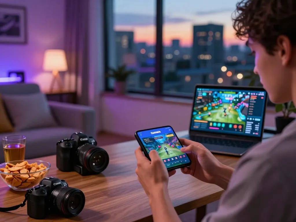 Exciting scene showing a player downloading tải sunwin app on a smartphone in a cozy gaming setup.