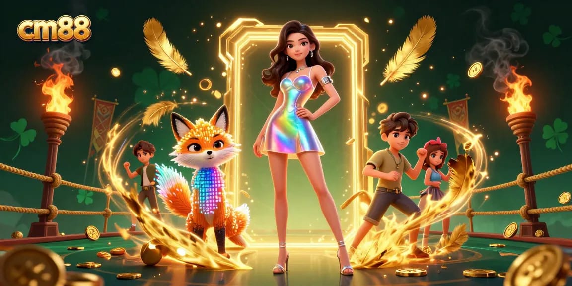 Experience thrilling betting at cm88 with colorful casino elements, a vibrant atmosphere, and captivating characters.