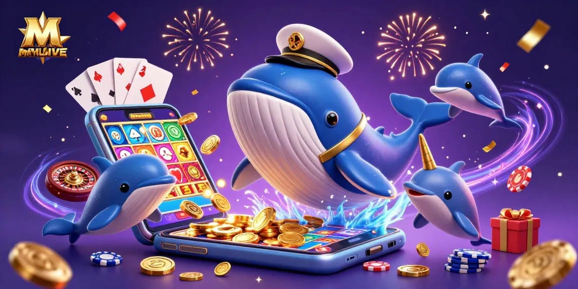 Engage with MMLIVE's thrilling online gaming world, featuring a grand whale and playful dolphins.