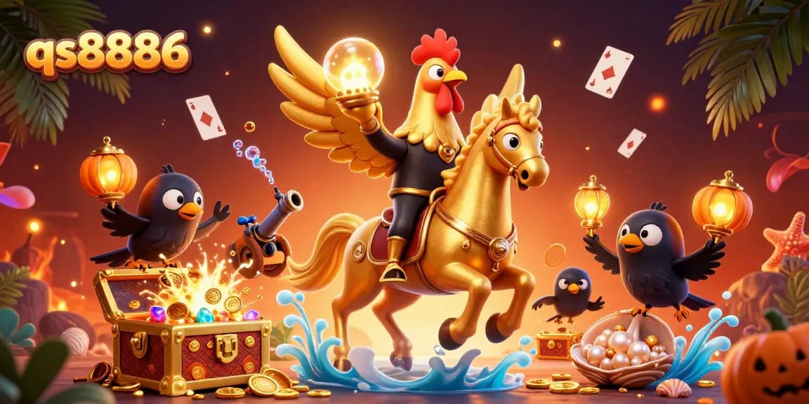 Experience thrilling gameplay with qs8886 as a golden rooster rides through a vibrant midnight casino.